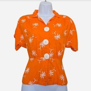 90s Tropical Hawaiian Collared Cinched Waist Orange Top Blouse
